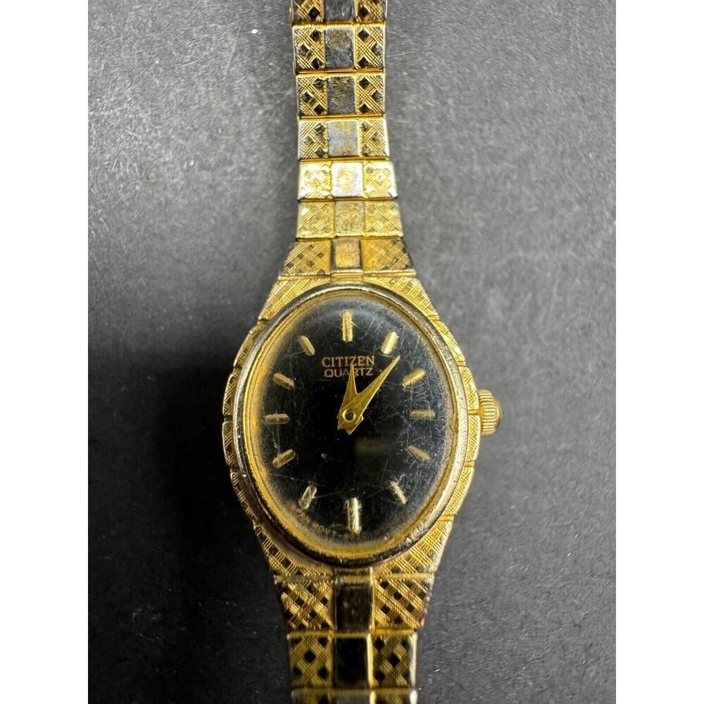 VTG Citizen Watch Women's Black Dial Gold Tone Oval 5920-S52446 Stretch Band